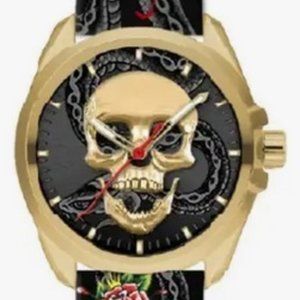 ED HARDY GOTH GOLD SKULL MULTICOLOR PRINT SILICONE STRAP MEN'S WATCH**NEW!